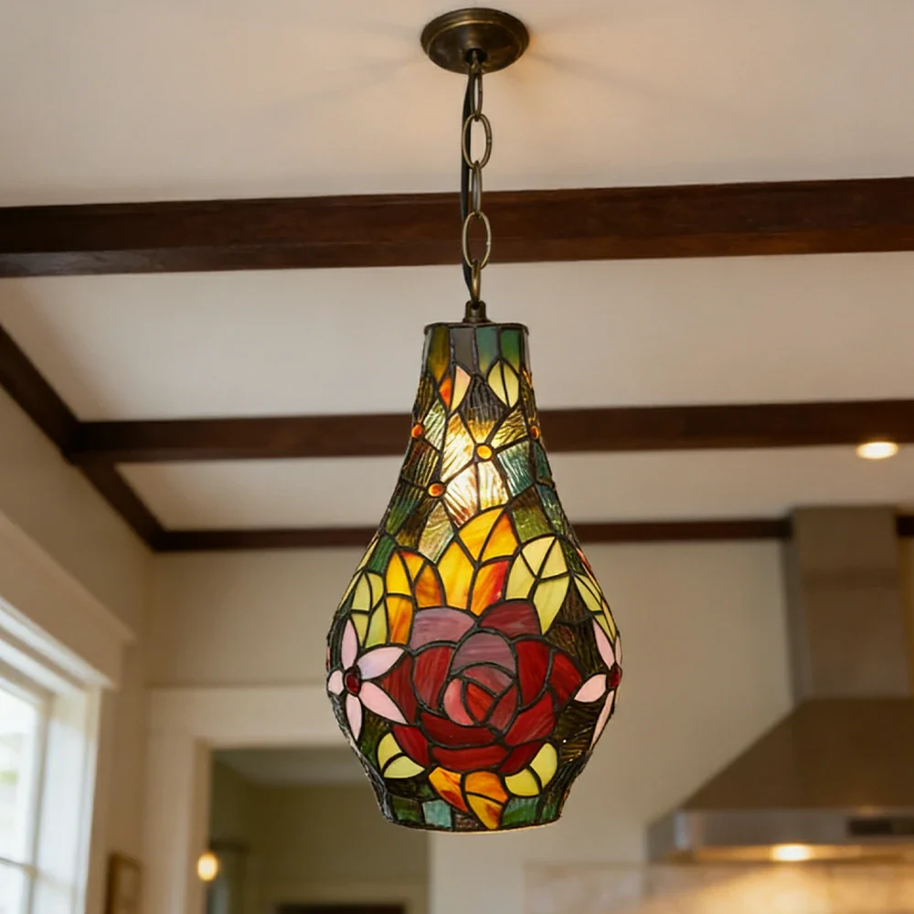 LIVARA Rose Pattern Stained Glass Pendant Light Soft Ambient Lighting Adjustable Chain Design Dining Living Room Bedroom Hallway - Image 4