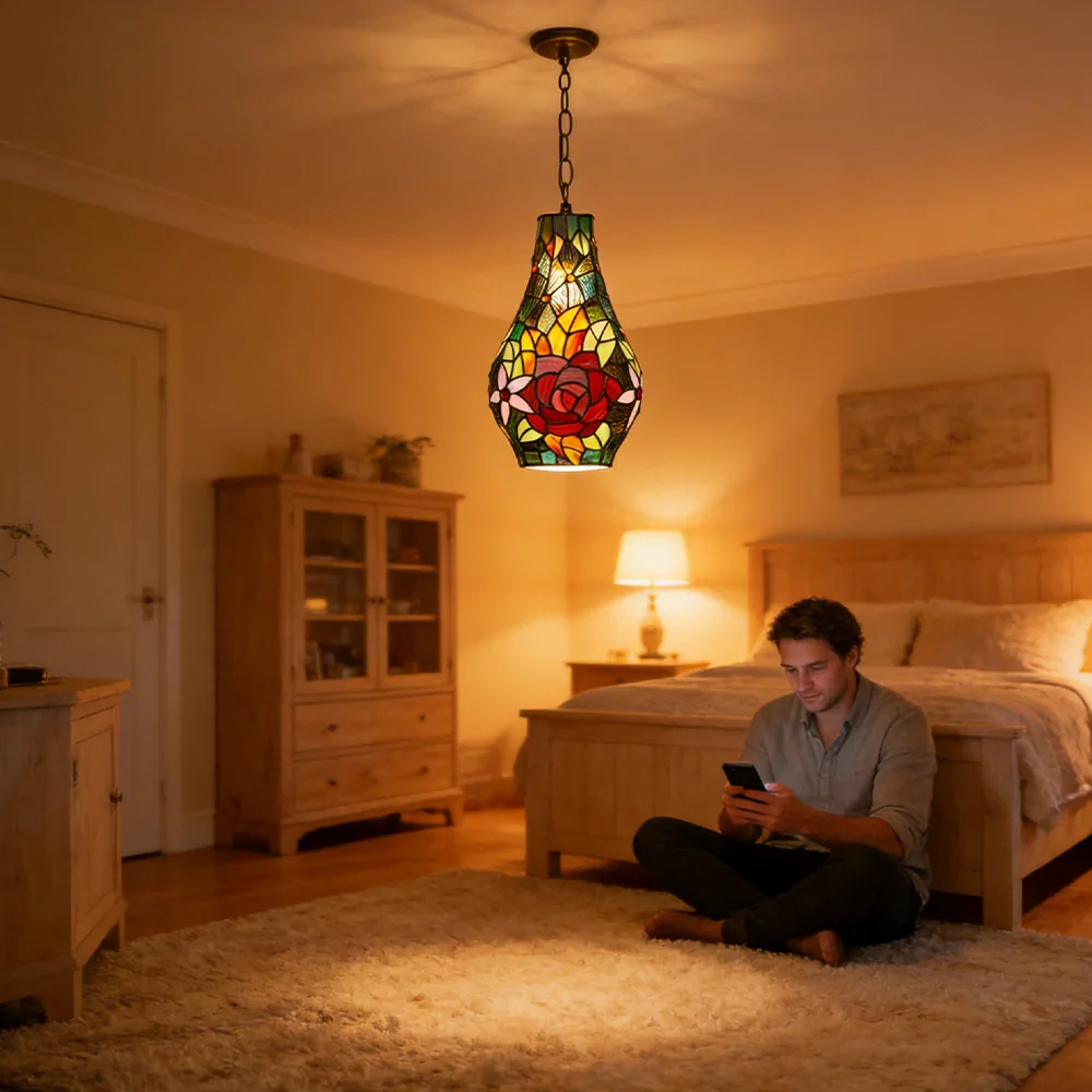 LIVARA Rose Pattern Stained Glass Pendant Light Soft Ambient Lighting Adjustable Chain Design Dining Living Room Bedroom Hallway - Image 5