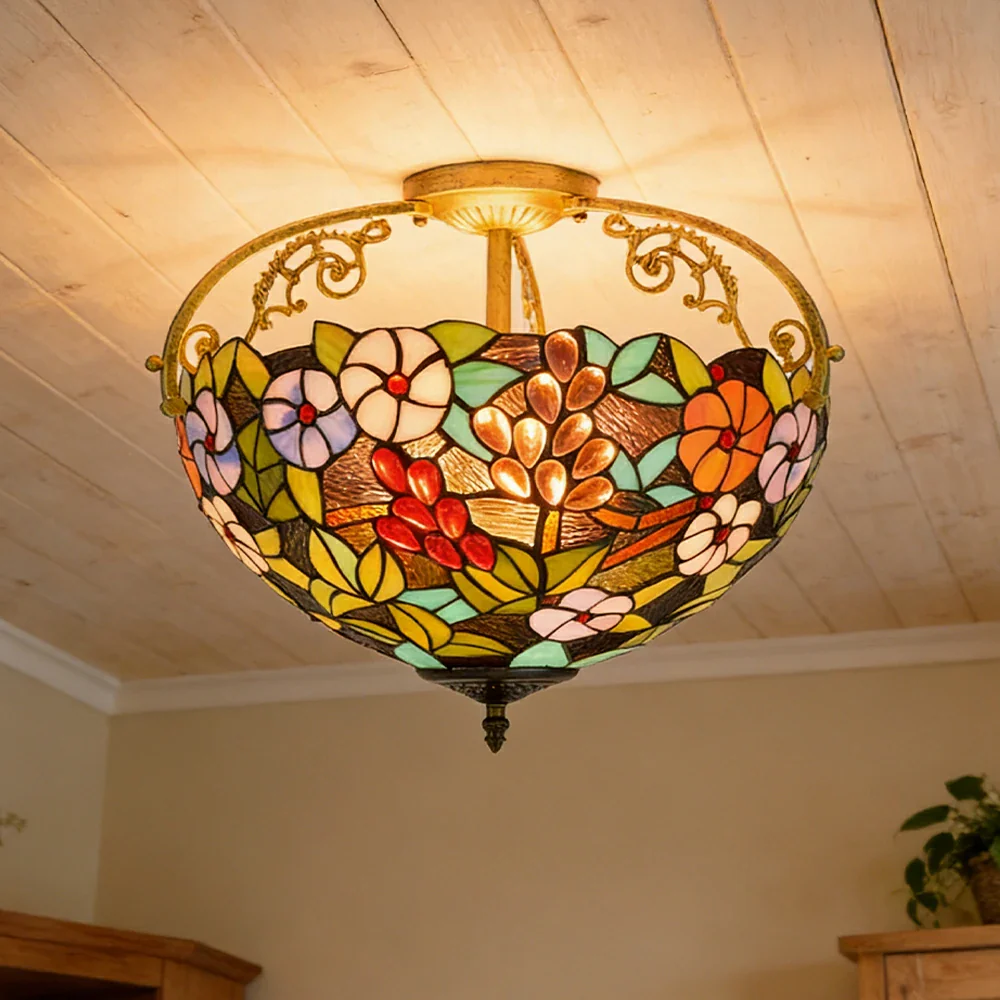 LIVARA European Vintage Grape Floral Pattern Stained Glass Ceiling Light 3-Light Design Even Lighting 42x38cm Suitable for Living Room Bedroom Dining Hallway - Image 2