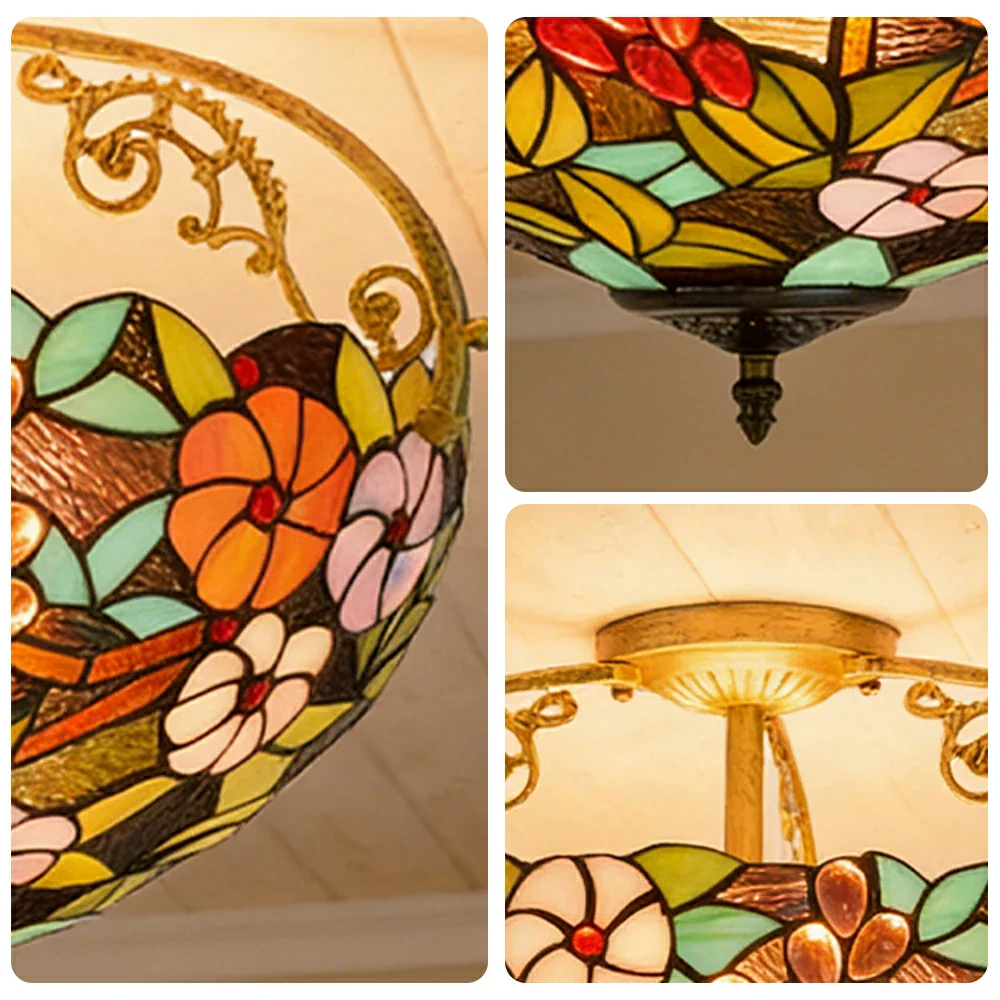 LIVARA European Vintage Grape Floral Pattern Stained Glass Ceiling Light 3-Light Design Even Lighting 42x38cm Suitable for Living Room Bedroom Dining Hallway - Image 3