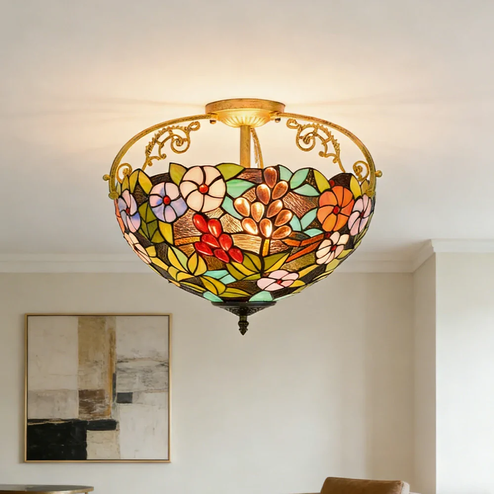 LIVARA European Vintage Grape Floral Pattern Stained Glass Ceiling Light 3-Light Design Even Lighting 42x38cm Suitable for Living Room Bedroom Dining Hallway - Image 4
