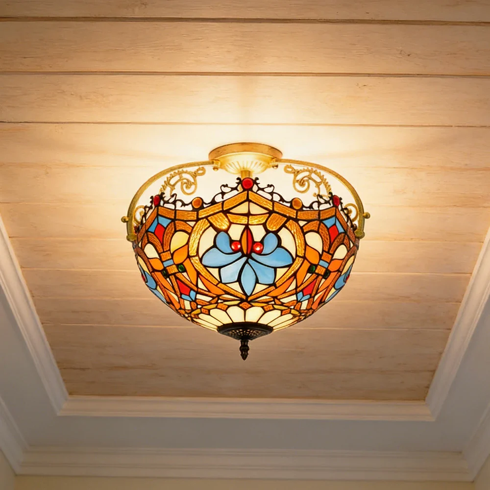 LIVARA European Vintage Heart Pattern Stained Glass Ceiling Light 3-Light Design Even Lighting 42x38cm Suitable for Living Room Bedroom Dining Hallway - Image 2