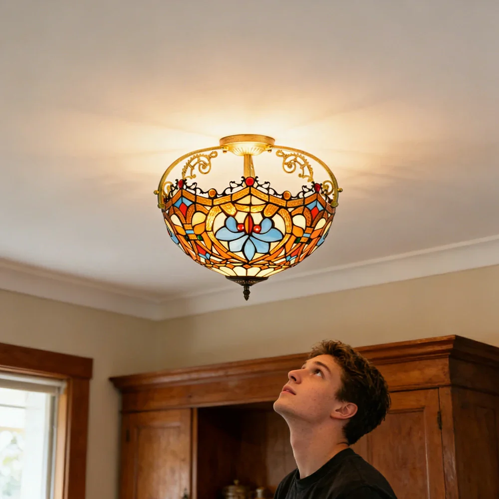 LIVARA European Vintage Heart Pattern Stained Glass Ceiling Light 3-Light Design Even Lighting 42x38cm Suitable for Living Room Bedroom Dining Hallway - Image 5