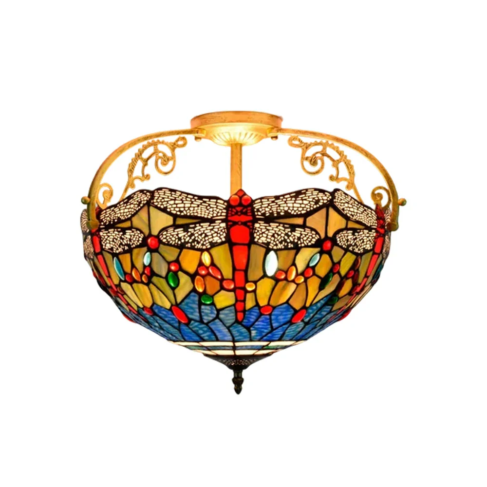 LIVARA European Vintage Blue Dragonfly Pattern Stained Glass Ceiling Light 3-Light Design Even Lighting 42x38cm Suitable for Living Room Bedroom Dining Hallway