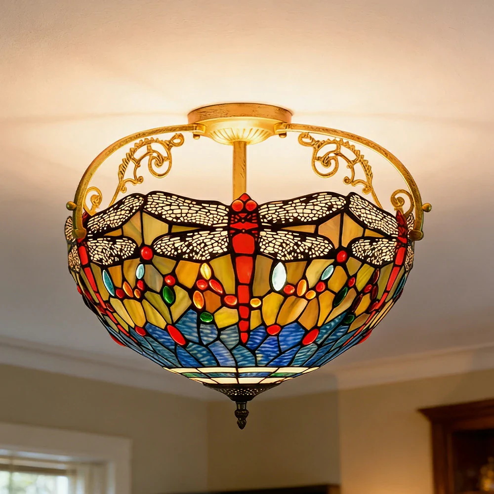LIVARA European Vintage Blue Dragonfly Pattern Stained Glass Ceiling Light 3-Light Design Even Lighting 42x38cm Suitable for Living Room Bedroom Dining Hallway - Image 2