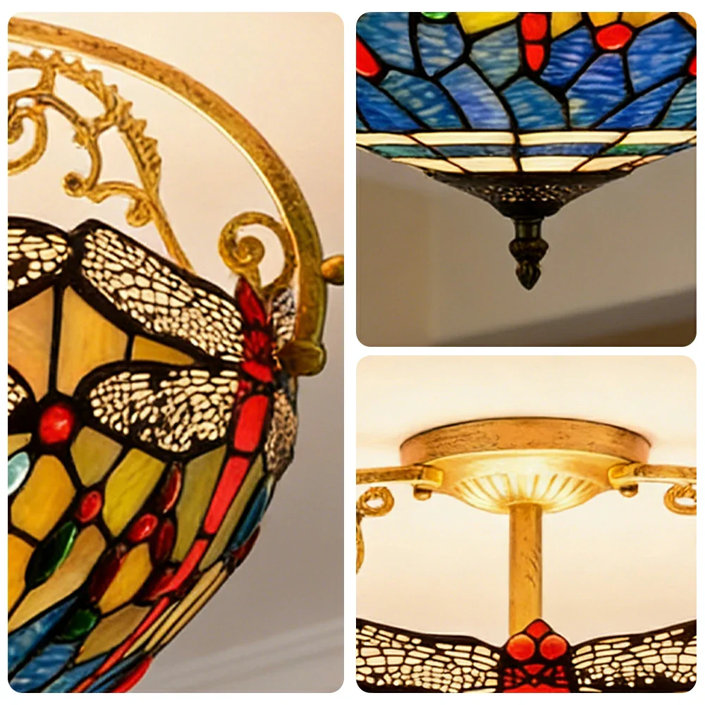 LIVARA European Vintage Blue Dragonfly Pattern Stained Glass Ceiling Light 3-Light Design Even Lighting 42x38cm Suitable for Living Room Bedroom Dining Hallway - Image 3