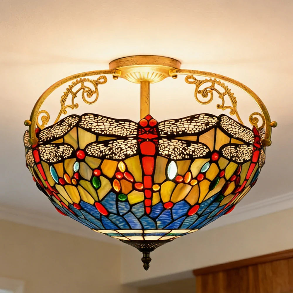 LIVARA European Vintage Blue Dragonfly Pattern Stained Glass Ceiling Light 3-Light Design Even Lighting 42x38cm Suitable for Living Room Bedroom Dining Hallway - Image 4