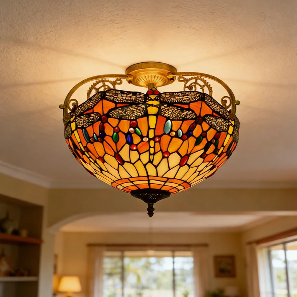 LIVARA European Vintage Orange Dragonfly Pattern Stained Glass Ceiling Light 3-Light Design Even Lighting 42x38cm Suitable for Living Room Bedroom Dining Hallway - Image 2