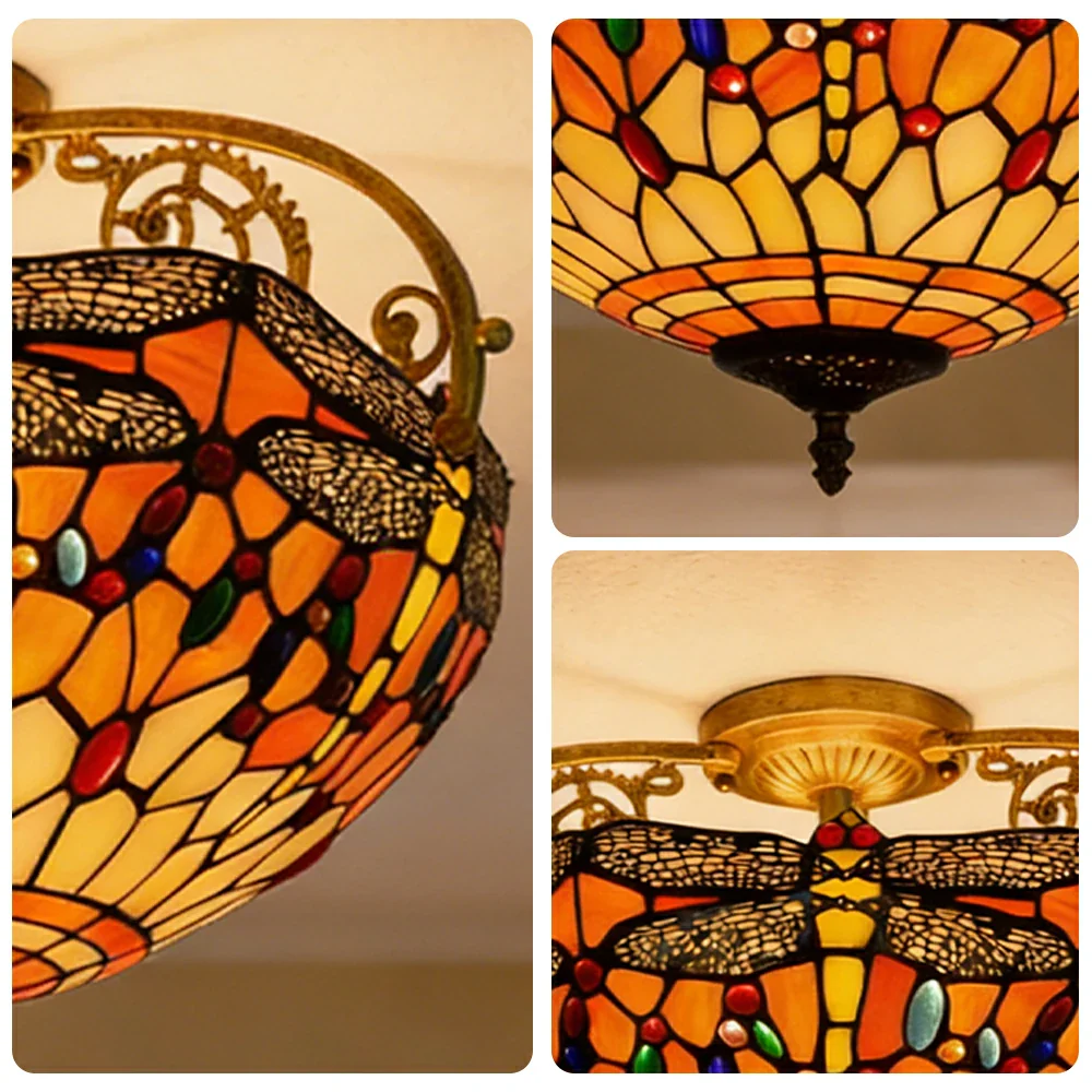 LIVARA European Vintage Orange Dragonfly Pattern Stained Glass Ceiling Light 3-Light Design Even Lighting 42x38cm Suitable for Living Room Bedroom Dining Hallway - Image 3