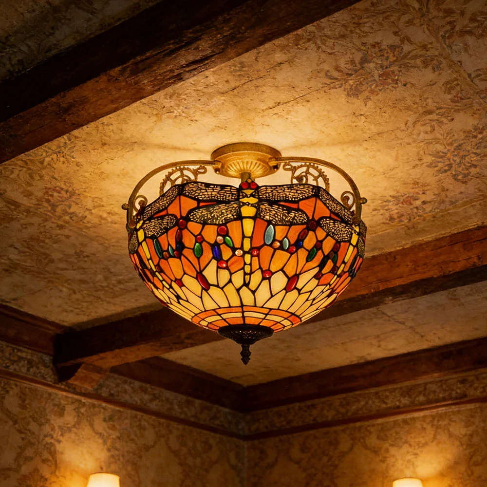 LIVARA European Vintage Orange Dragonfly Pattern Stained Glass Ceiling Light 3-Light Design Even Lighting 42x38cm Suitable for Living Room Bedroom Dining Hallway - Image 4