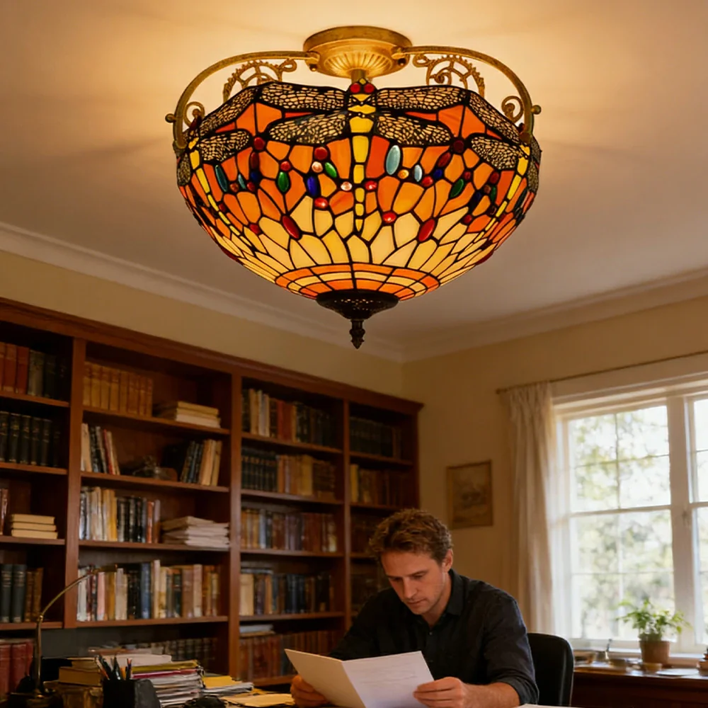 LIVARA European Vintage Orange Dragonfly Pattern Stained Glass Ceiling Light 3-Light Design Even Lighting 42x38cm Suitable for Living Room Bedroom Dining Hallway - Image 5