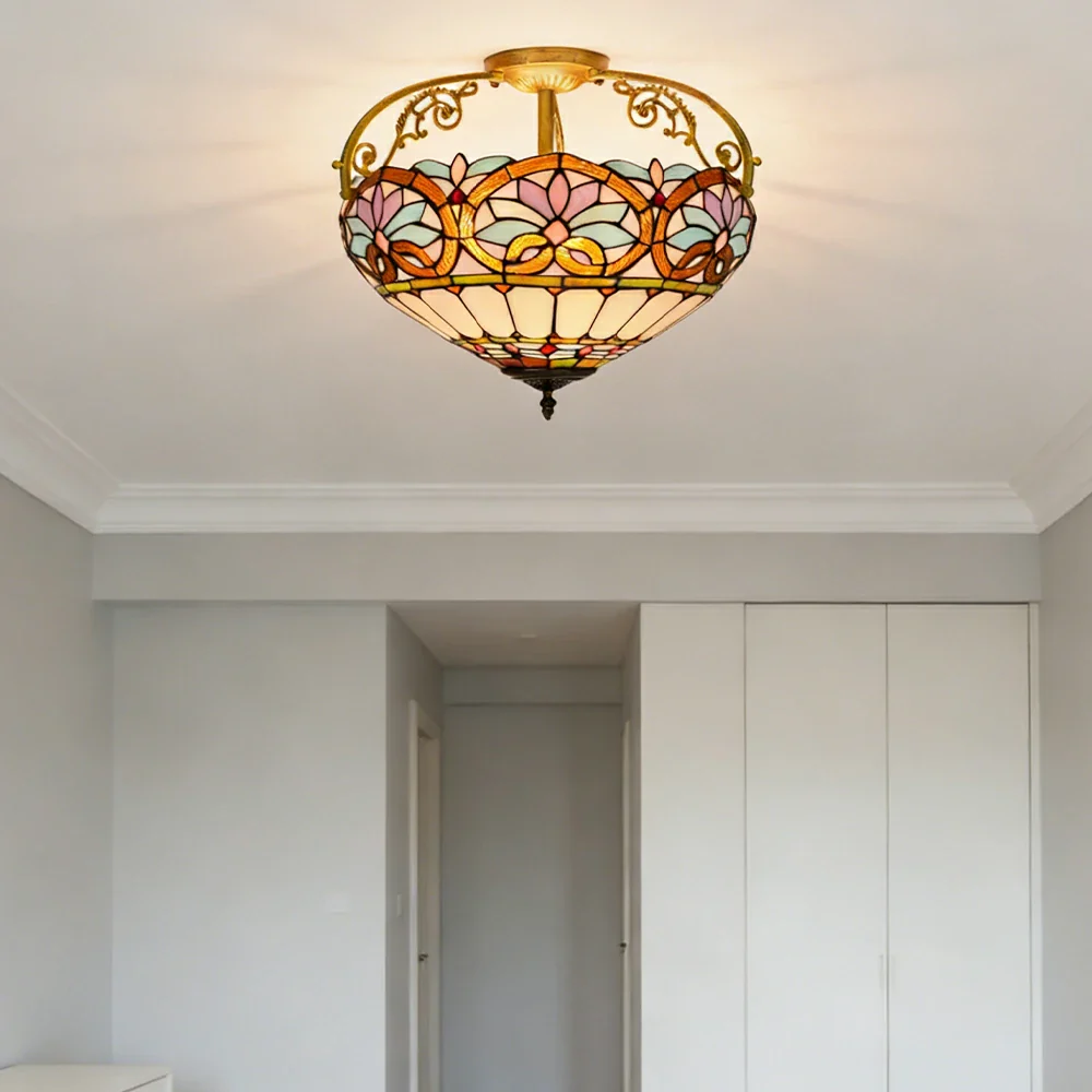 LIVARA European Vintage Blue Heart Pattern Stained Glass Ceiling Light 3-Light Design Even Lighting 42x38cm Suitable for Living Room Bedroom Dining Hallway - Image 2
