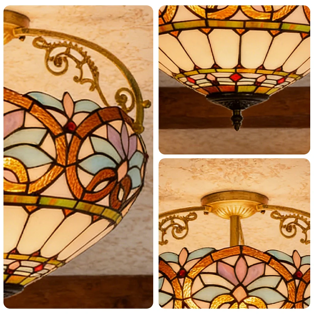 LIVARA European Vintage Blue Heart Pattern Stained Glass Ceiling Light 3-Light Design Even Lighting 42x38cm Suitable for Living Room Bedroom Dining Hallway - Image 3