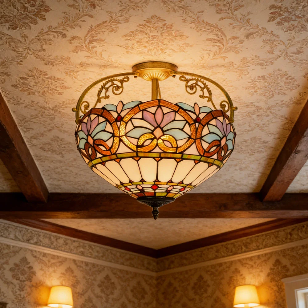 LIVARA European Vintage Blue Heart Pattern Stained Glass Ceiling Light 3-Light Design Even Lighting 42x38cm Suitable for Living Room Bedroom Dining Hallway - Image 4