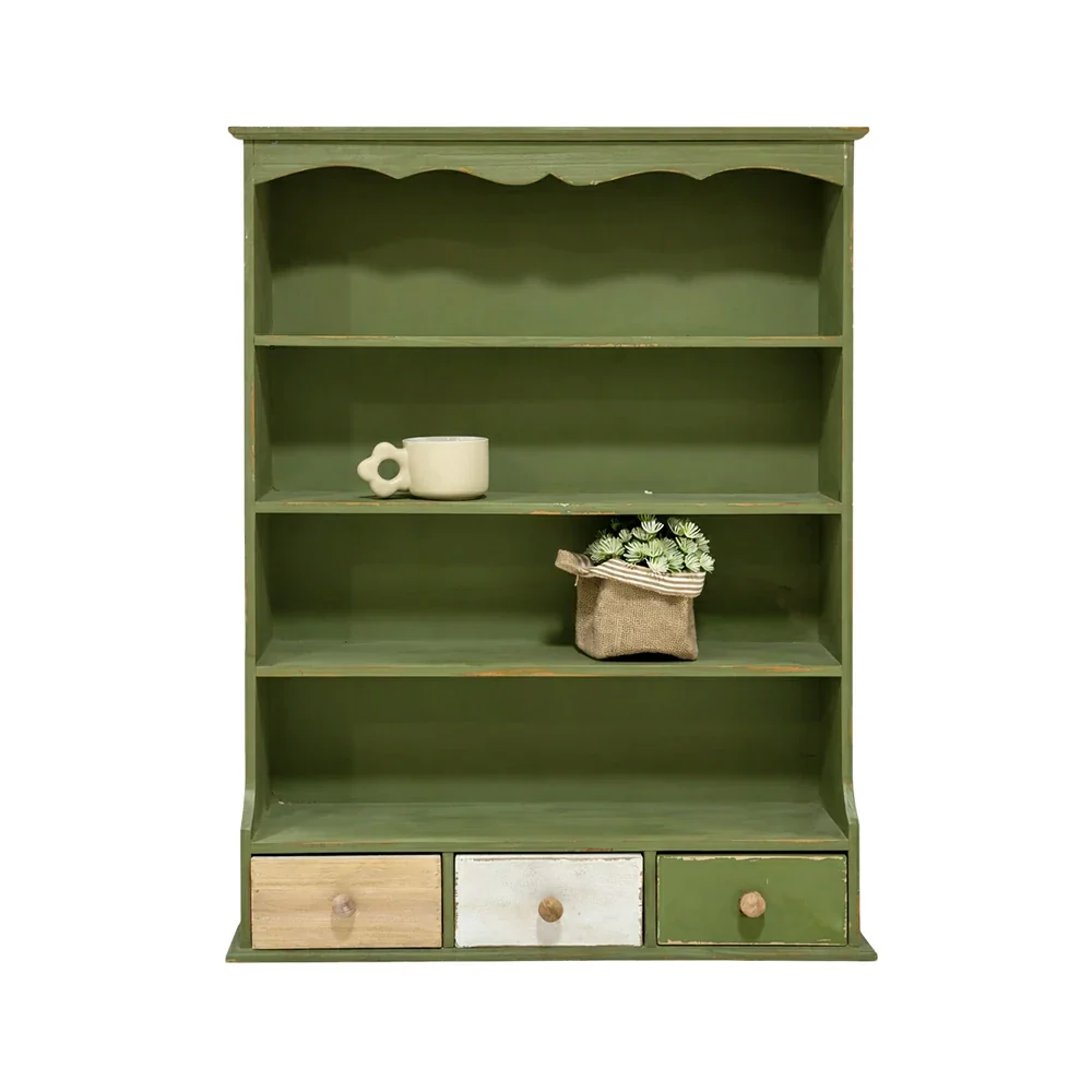LIVARA Farmhouse Wall Cabinet with Drawers and Open Shelves Solid Wood MDF Rustic Distressed Green Wall Storage for Kitchen Entryway