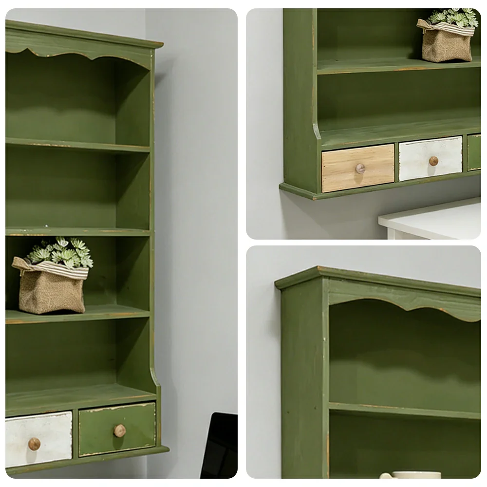 LIVARA Farmhouse Wall Cabinet with Drawers and Open Shelves Solid Wood MDF Rustic Distressed Green Wall Storage for Kitchen Entryway - Image 3