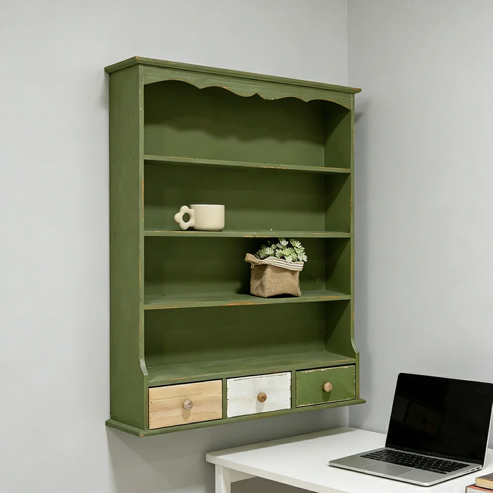 LIVARA Farmhouse Wall Cabinet with Drawers and Open Shelves Solid Wood MDF Rustic Distressed Green Wall Storage for Kitchen Entryway - Image 4