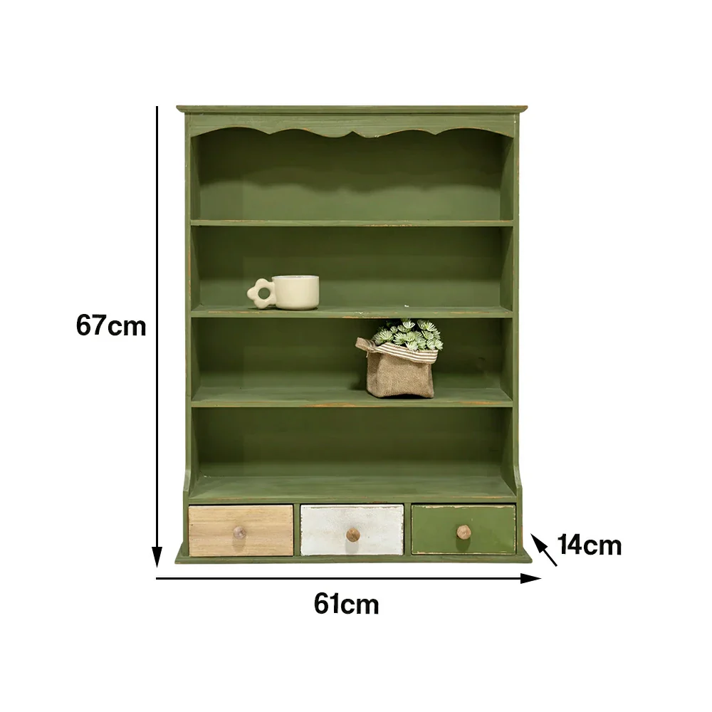 LIVARA Farmhouse Wall Cabinet with Drawers and Open Shelves Solid Wood MDF Rustic Distressed Green Wall Storage for Kitchen Entryway - Image 5