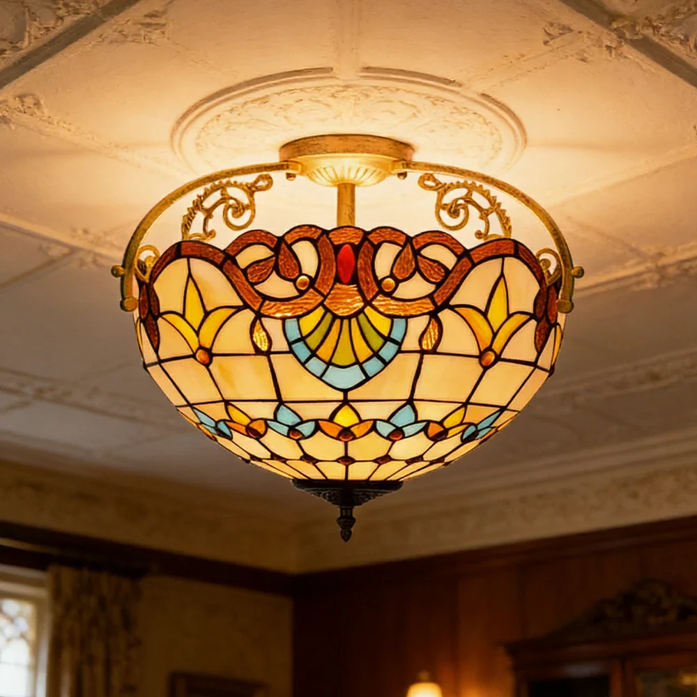 LIVARA European Vintage Baroque Style Stained Glass Ceiling Light 3-Light Design Even Lighting 42x38cm Suitable for Living Room Bedroom Dining Hallway - Image 2