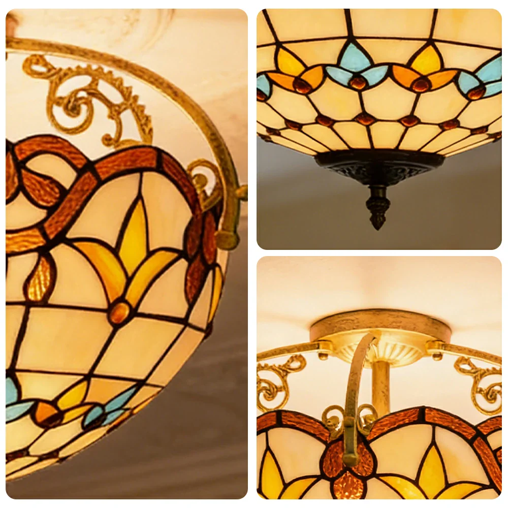 LIVARA European Vintage Baroque Style Stained Glass Ceiling Light 3-Light Design Even Lighting 42x38cm Suitable for Living Room Bedroom Dining Hallway - Image 3