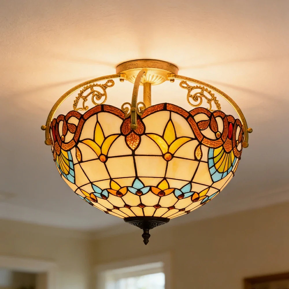LIVARA European Vintage Baroque Style Stained Glass Ceiling Light 3-Light Design Even Lighting 42x38cm Suitable for Living Room Bedroom Dining Hallway - Image 4