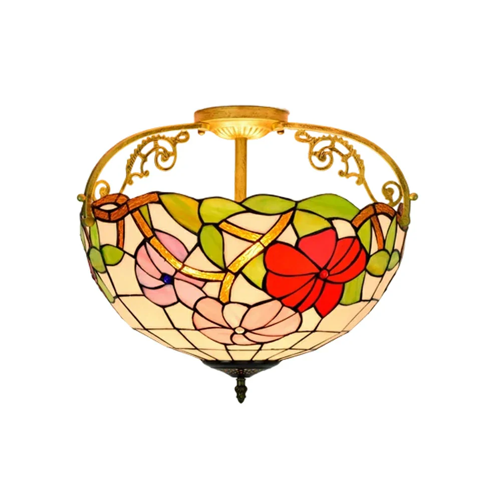 LIVARA European Vintage Morning Glory Pattern Stained Glass Ceiling Light 3-Light Design Even Lighting 42x38cm Suitable for Living Room Bedroom Dining Hallway