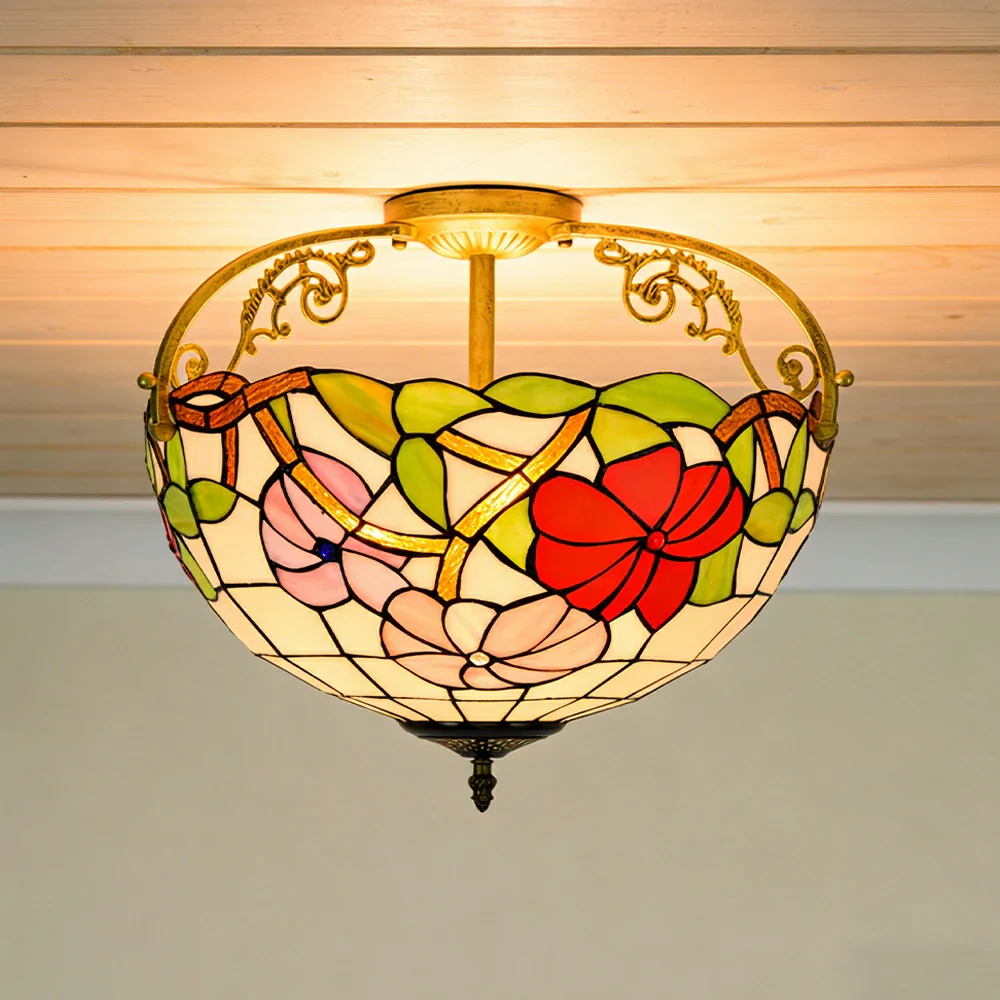 LIVARA European Vintage Morning Glory Pattern Stained Glass Ceiling Light 3-Light Design Even Lighting 42x38cm Suitable for Living Room Bedroom Dining Hallway - Image 2