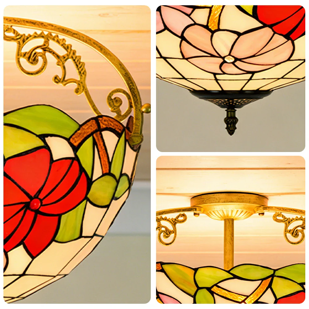 LIVARA European Vintage Morning Glory Pattern Stained Glass Ceiling Light 3-Light Design Even Lighting 42x38cm Suitable for Living Room Bedroom Dining Hallway - Image 3