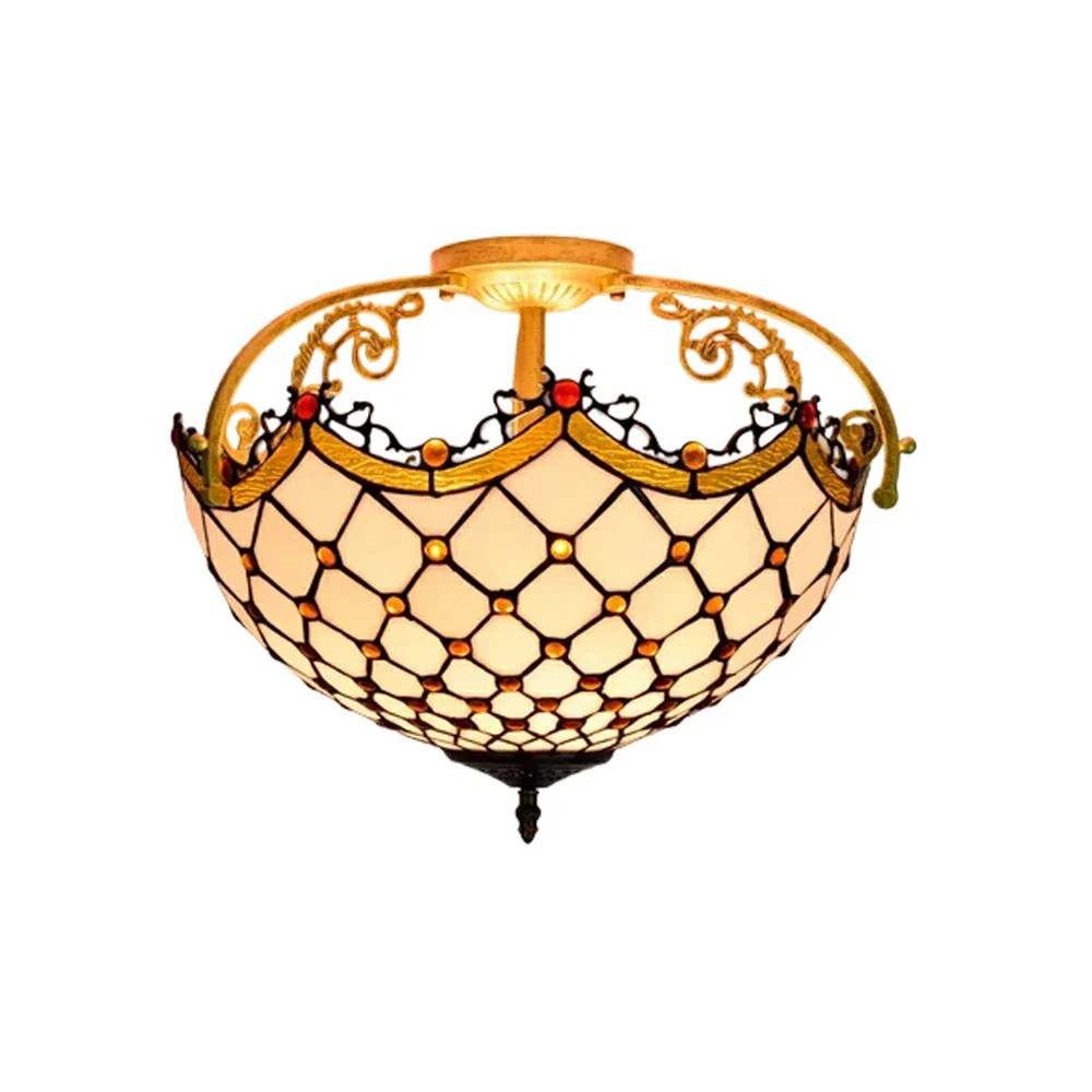 LIVARA European Vintage Amber Stained Glass Ceiling Light 3-Light Design Even Lighting 42x38cm Suitable for Living Room Bedroom Dining Hallway