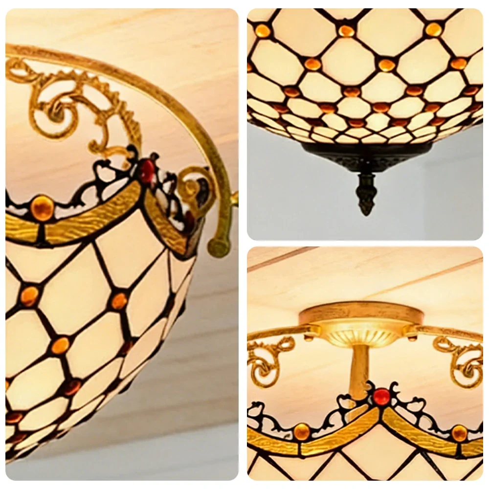 LIVARA European Vintage Amber Stained Glass Ceiling Light 3-Light Design Even Lighting 42x38cm Suitable for Living Room Bedroom Dining Hallway - Image 3