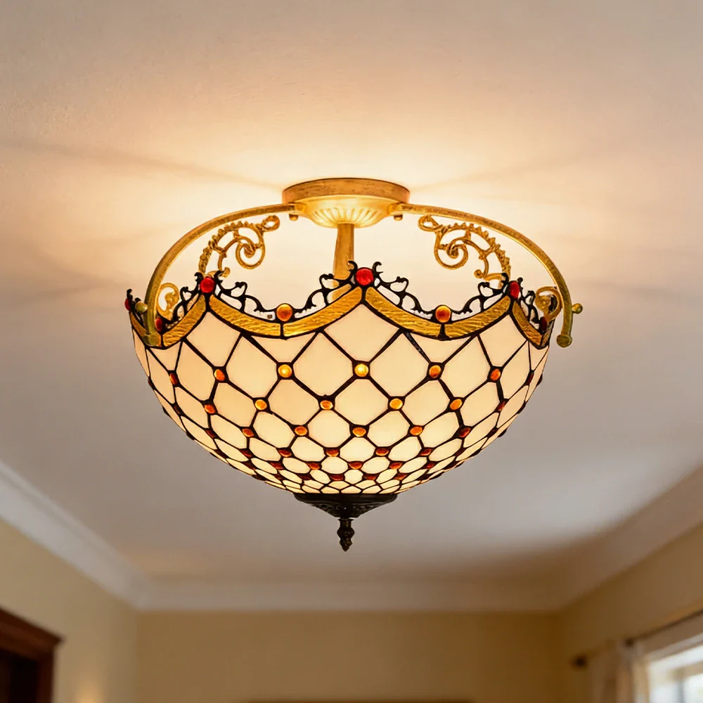 LIVARA European Vintage Amber Stained Glass Ceiling Light 3-Light Design Even Lighting 42x38cm Suitable for Living Room Bedroom Dining Hallway - Image 4