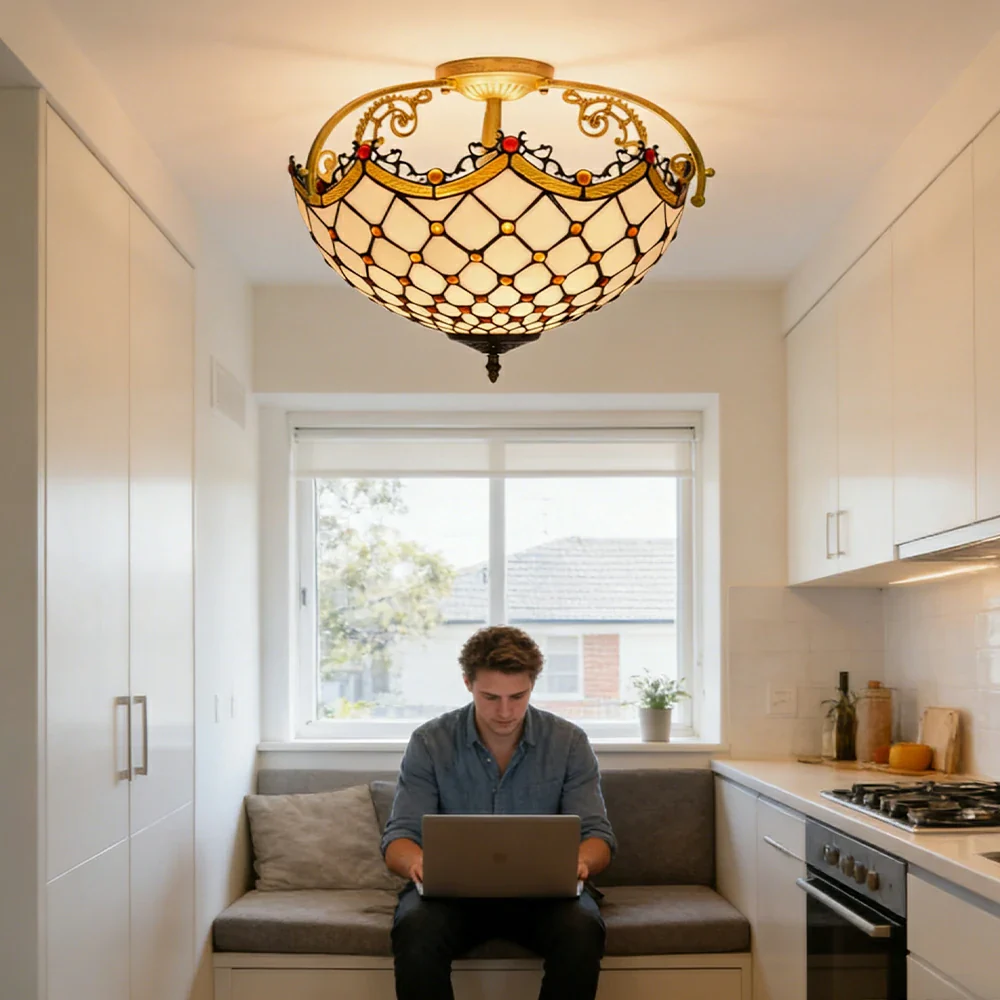 LIVARA European Vintage Amber Stained Glass Ceiling Light 3-Light Design Even Lighting 42x38cm Suitable for Living Room Bedroom Dining Hallway - Image 5