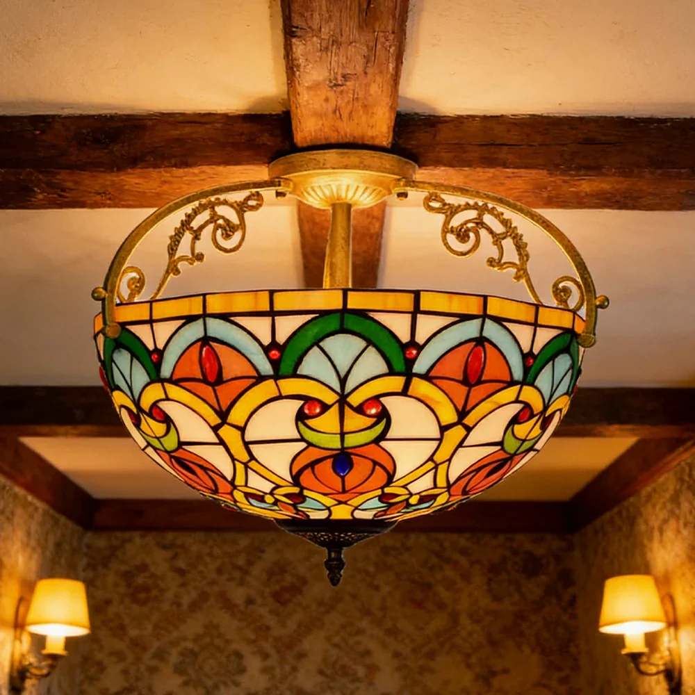 LIVARA European Vintage Stained Glass Ceiling Light 3-Light Design Even Lighting 42x38cm Suitable for Living Room Bedroom Dining Hallway - Yellow - Image 2