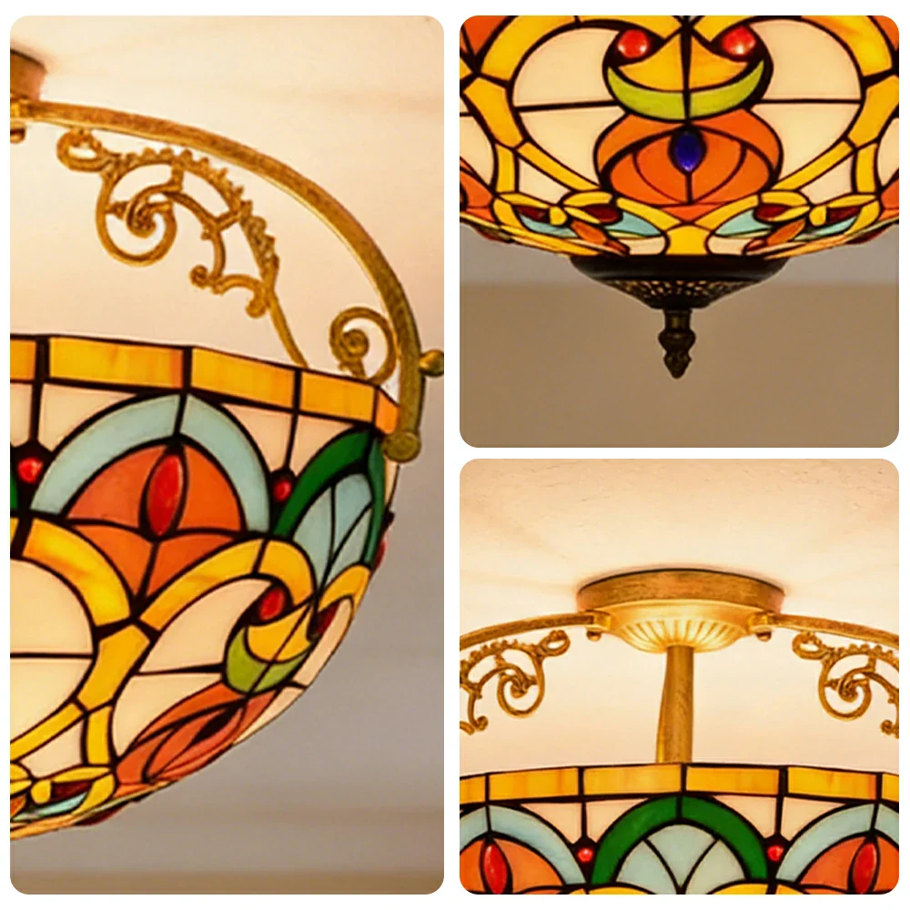 LIVARA European Vintage Stained Glass Ceiling Light 3-Light Design Even Lighting 42x38cm Suitable for Living Room Bedroom Dining Hallway - Yellow - Image 3