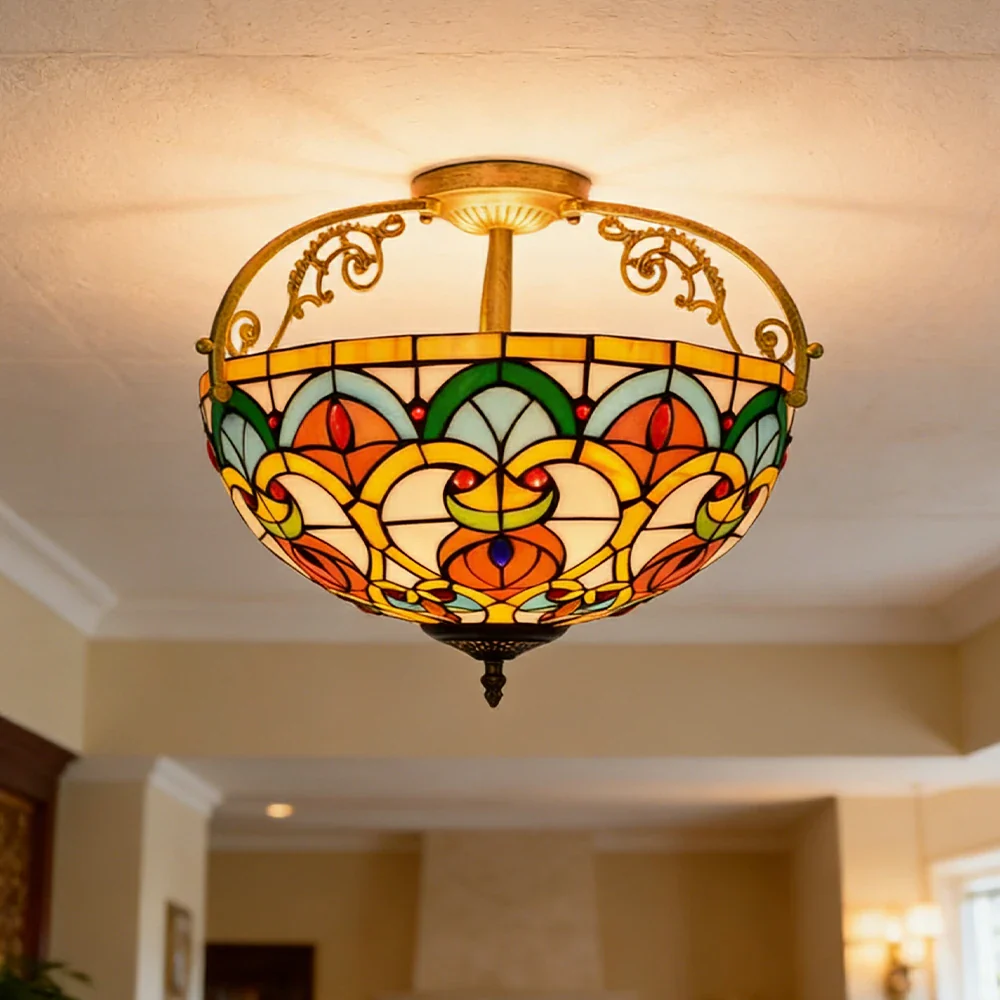 LIVARA European Vintage Stained Glass Ceiling Light 3-Light Design Even Lighting 42x38cm Suitable for Living Room Bedroom Dining Hallway - Yellow - Image 4