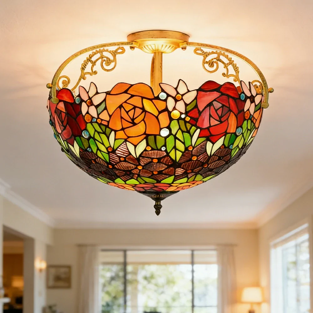LIVARA European Vintage Black Rose Pattern Stained Glass Ceiling Light 3-Light Design Even Lighting 42x38cm Suitable for Living Room Bedroom Dining Hallway - Image 4