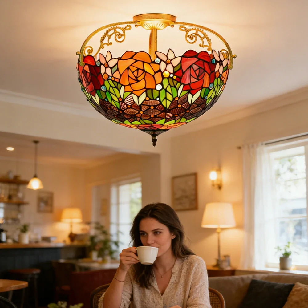 LIVARA European Vintage Black Rose Pattern Stained Glass Ceiling Light 3-Light Design Even Lighting 42x38cm Suitable for Living Room Bedroom Dining Hallway - Image 5