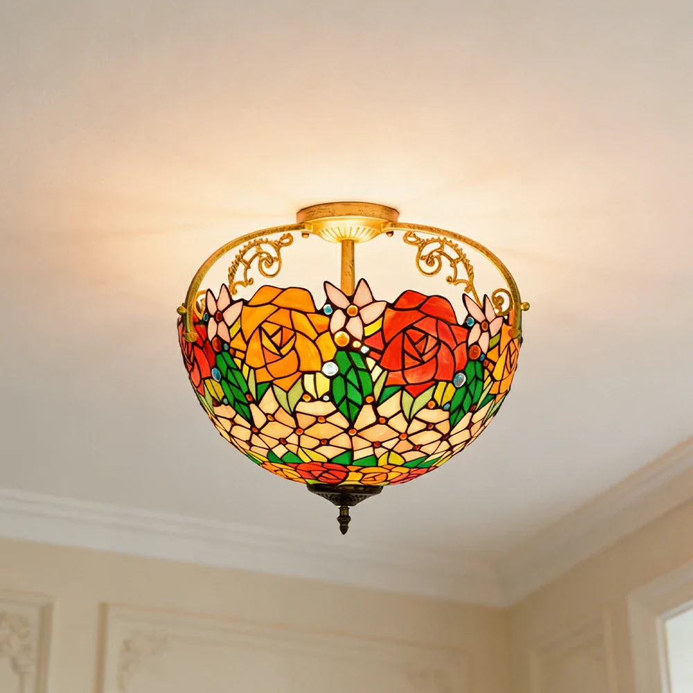 LIVARA European Vintage Vibrant Rose Pattern Stained Glass Ceiling Light 3-Light Design Even Lighting 42x38cm Suitable for Living Room Bedroom Dining Hallway - Image 2