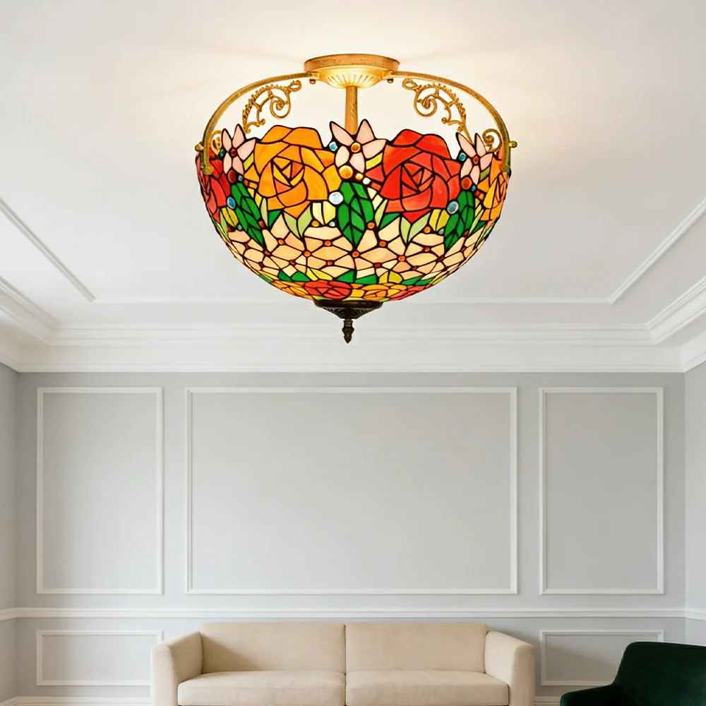 LIVARA European Vintage Vibrant Rose Pattern Stained Glass Ceiling Light 3-Light Design Even Lighting 42x38cm Suitable for Living Room Bedroom Dining Hallway - Image 4