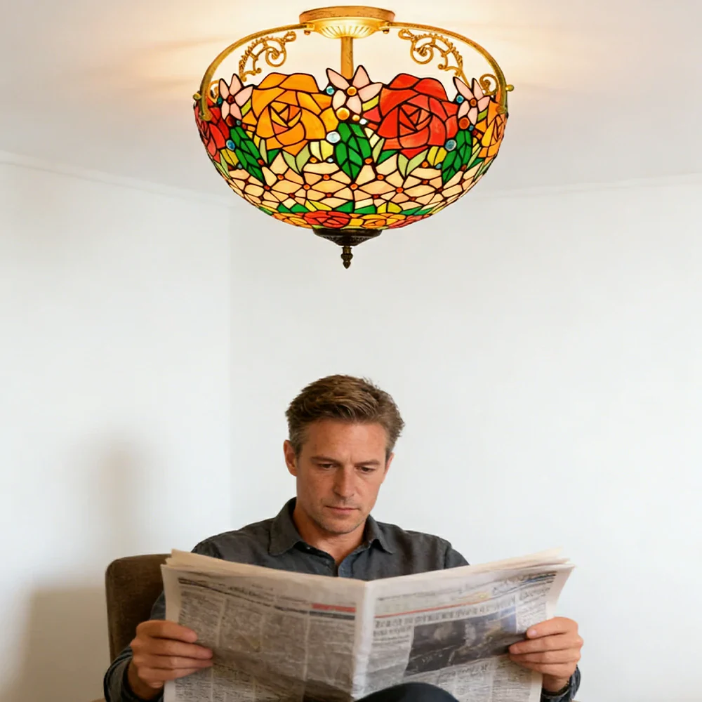 LIVARA European Vintage Vibrant Rose Pattern Stained Glass Ceiling Light 3-Light Design Even Lighting 42x38cm Suitable for Living Room Bedroom Dining Hallway - Image 5