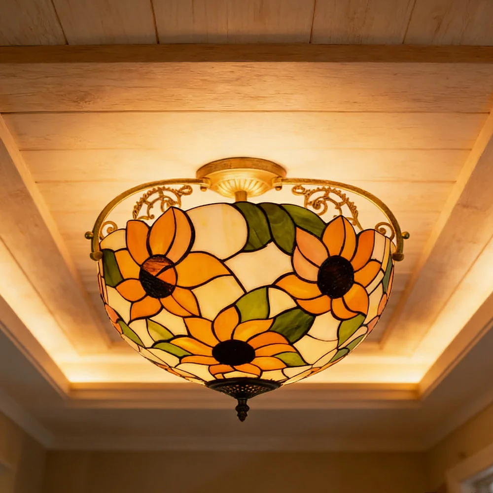 LIVARA European Vintage Sunflower Pattern Stained Glass Ceiling Light 3-Light Design Even Lighting 42x38cm Suitable for Living Room Bedroom Dining Hallway - Image 2