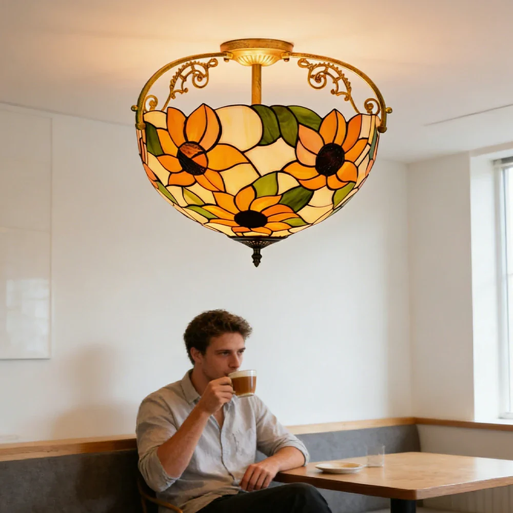 LIVARA European Vintage Sunflower Pattern Stained Glass Ceiling Light 3-Light Design Even Lighting 42x38cm Suitable for Living Room Bedroom Dining Hallway - Image 5