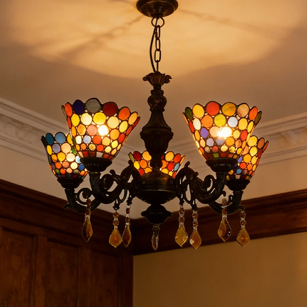 LIVARA 5-Light Stained Glass Chandelier Vintage Pendant Light Adjustable Chain 60x80cm for Dining Living Room - Orange - Image 2