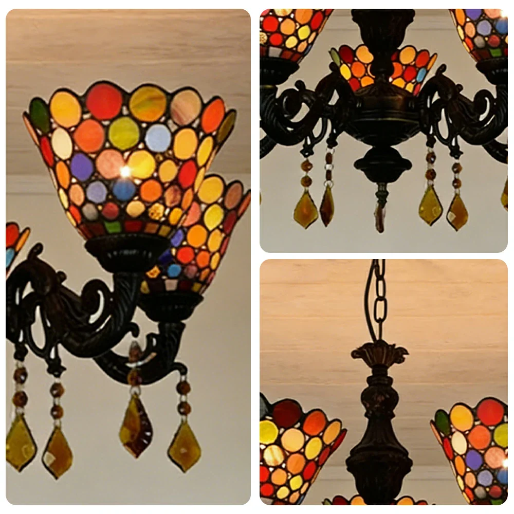LIVARA 5-Light Stained Glass Chandelier Vintage Pendant Light Adjustable Chain 60x80cm for Dining Living Room - Orange - Image 3