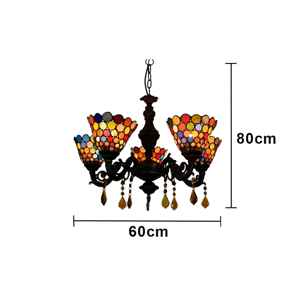 LIVARA 5-Light Stained Glass Chandelier Vintage Pendant Light Adjustable Chain 60x80cm for Dining Living Room - Orange - Image 6
