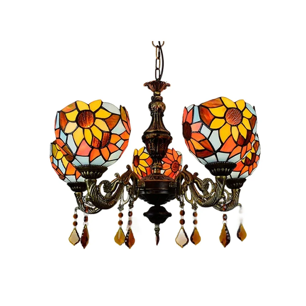 LIVARA 5-Light Stained Glass Chandelier Vintage Pendant Light Adjustable Chain 60x80cm for Dining Living Room - Mustard Yellow