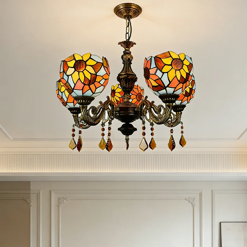 LIVARA 5-Light Stained Glass Chandelier Vintage Pendant Light Adjustable Chain 60x80cm for Dining Living Room - Mustard Yellow - Image 2