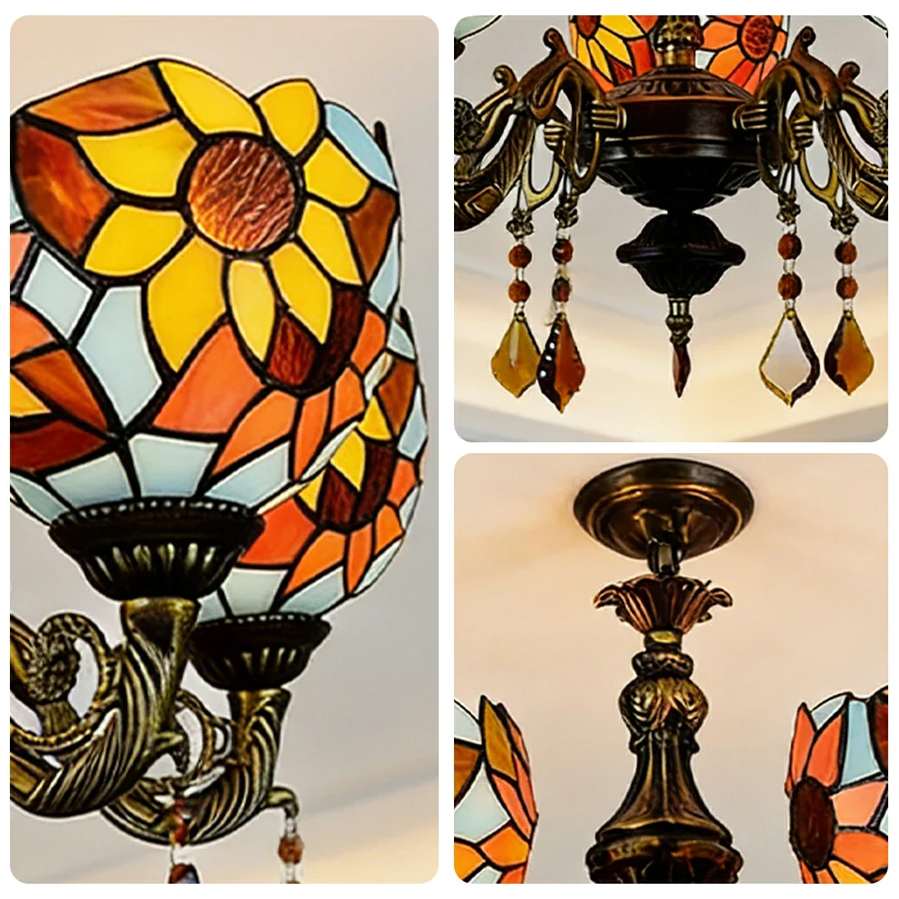 LIVARA 5-Light Stained Glass Chandelier Vintage Pendant Light Adjustable Chain 60x80cm for Dining Living Room - Mustard Yellow - Image 3