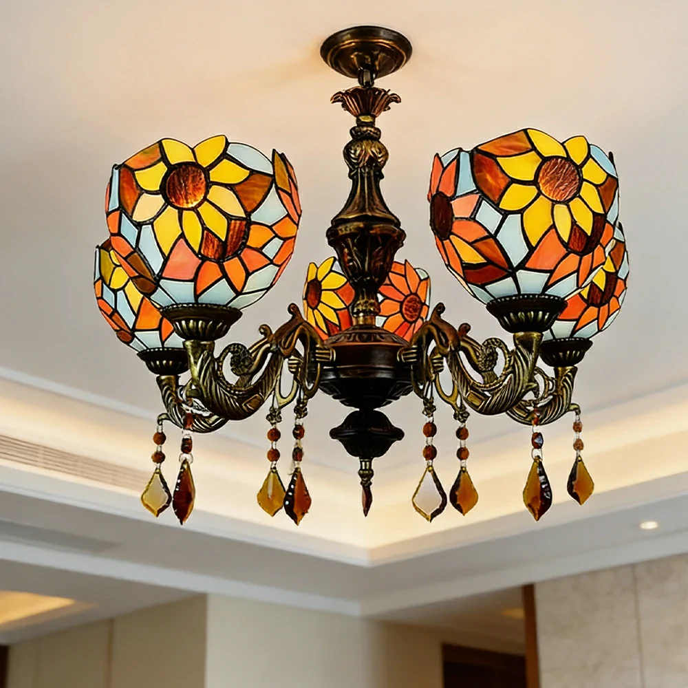 LIVARA 5-Light Stained Glass Chandelier Vintage Pendant Light Adjustable Chain 60x80cm for Dining Living Room - Mustard Yellow - Image 4