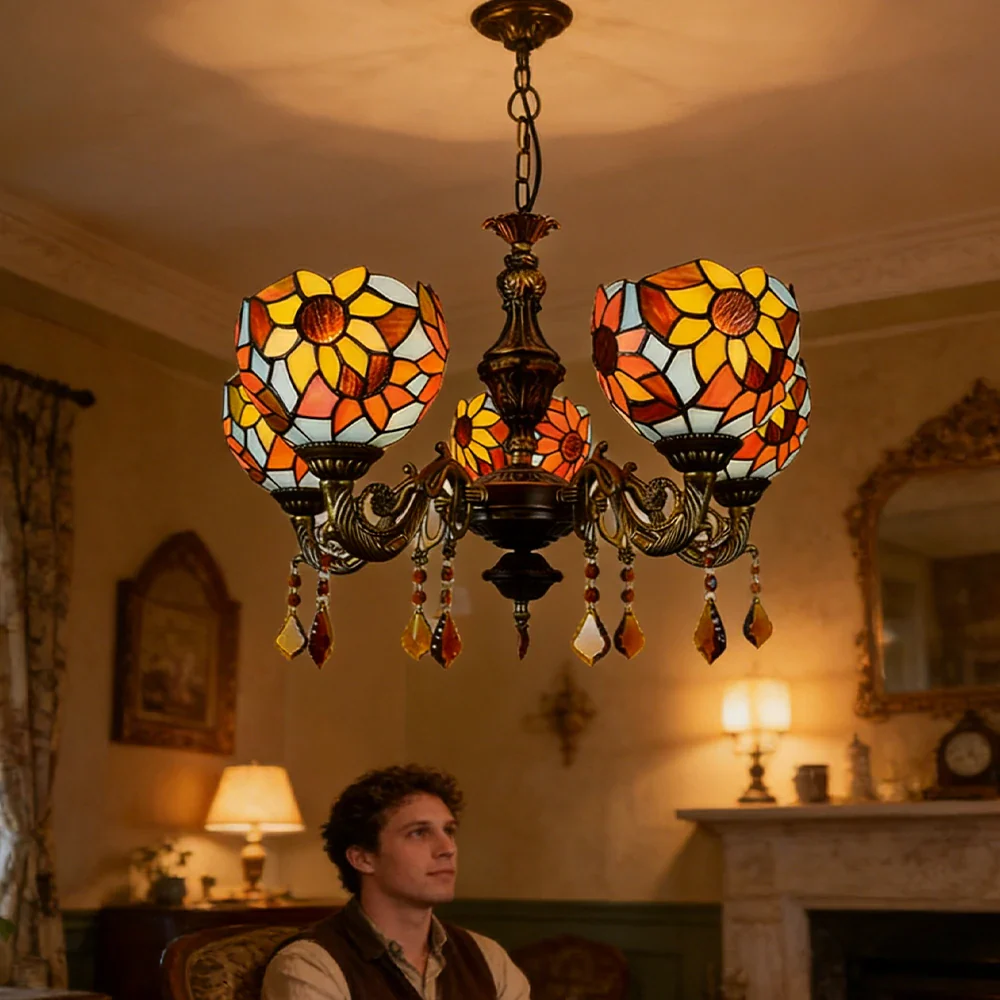 LIVARA 5-Light Stained Glass Chandelier Vintage Pendant Light Adjustable Chain 60x80cm for Dining Living Room - Mustard Yellow - Image 5